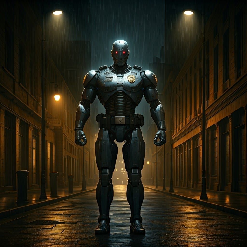 Robot Policeman in Dystopian Cityscape