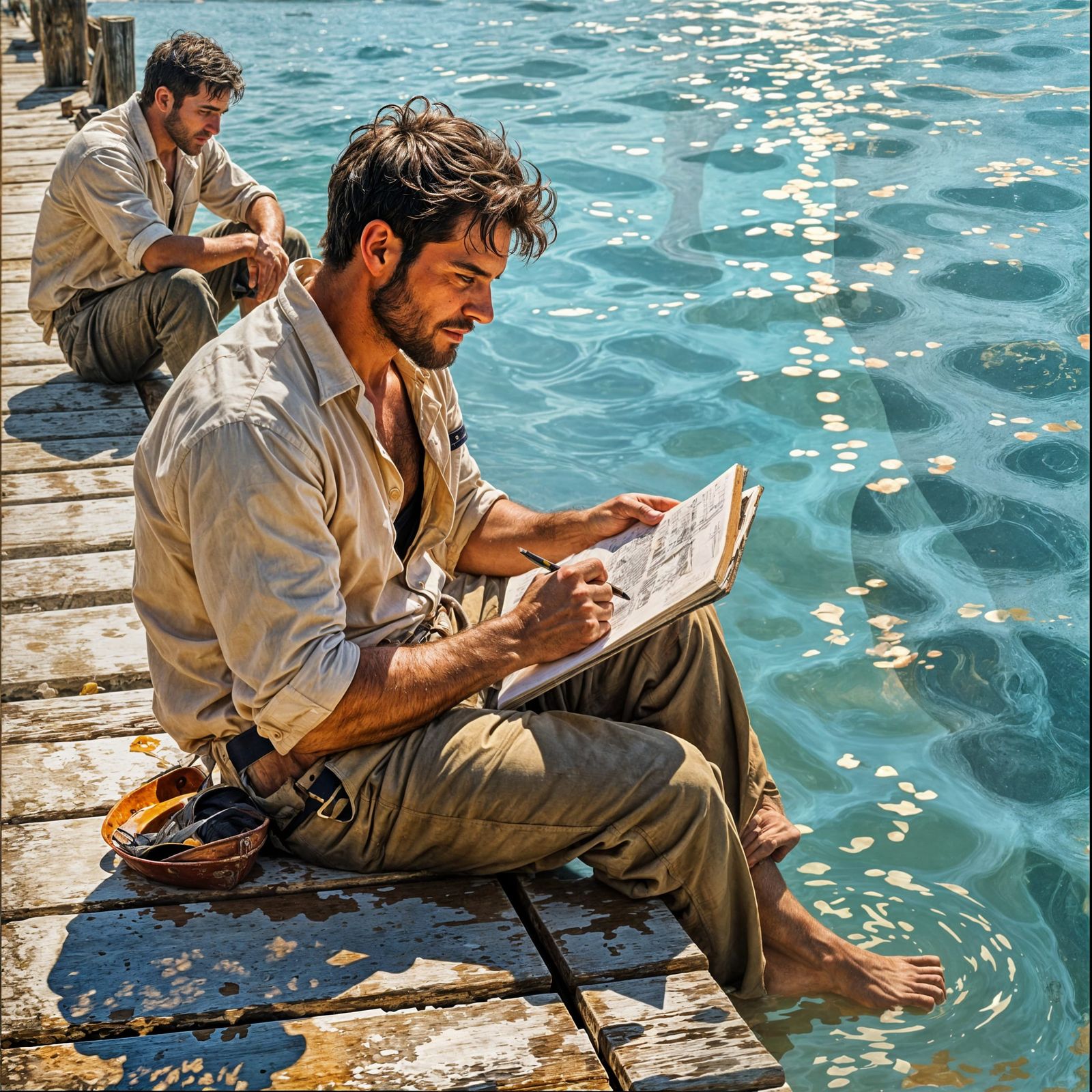 Weathered Sailor Sketching on Dockside Pier
