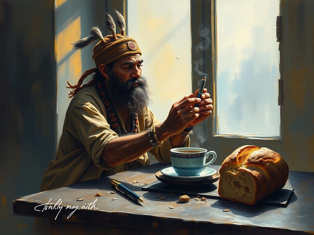 Primitive Tribe Man Climbs Coffee in a Vibrant, Impasto Pain...