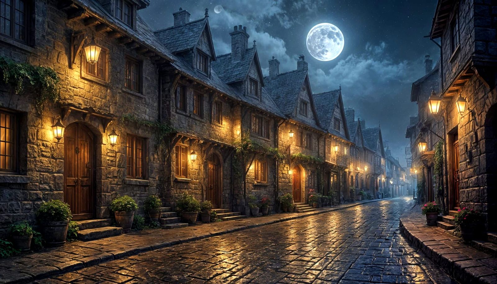 Medieval Street at Night with Stone Houses