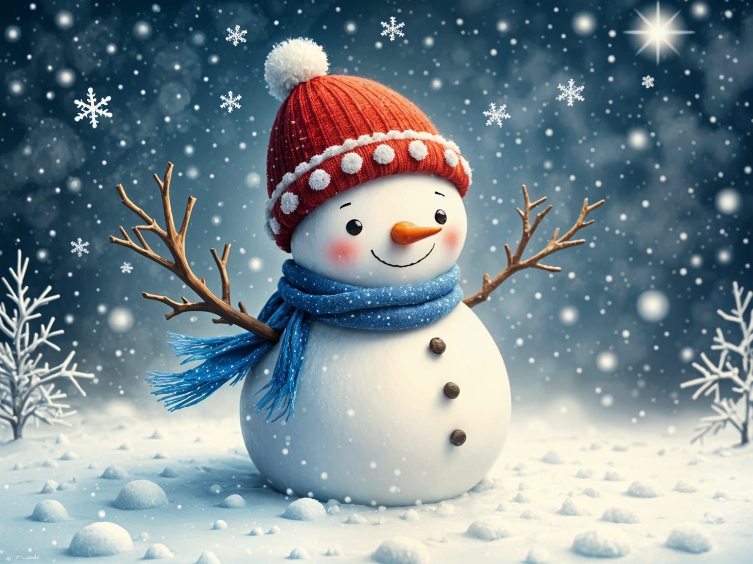 Charming Snowman in Swirling Snowflakes