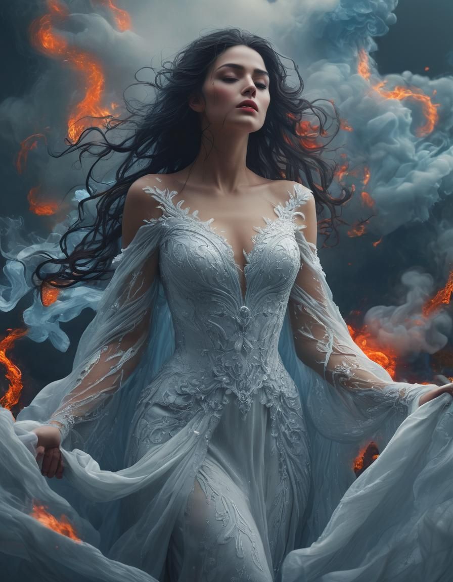 Woman in Fire and Mist: Vivid Digital Art