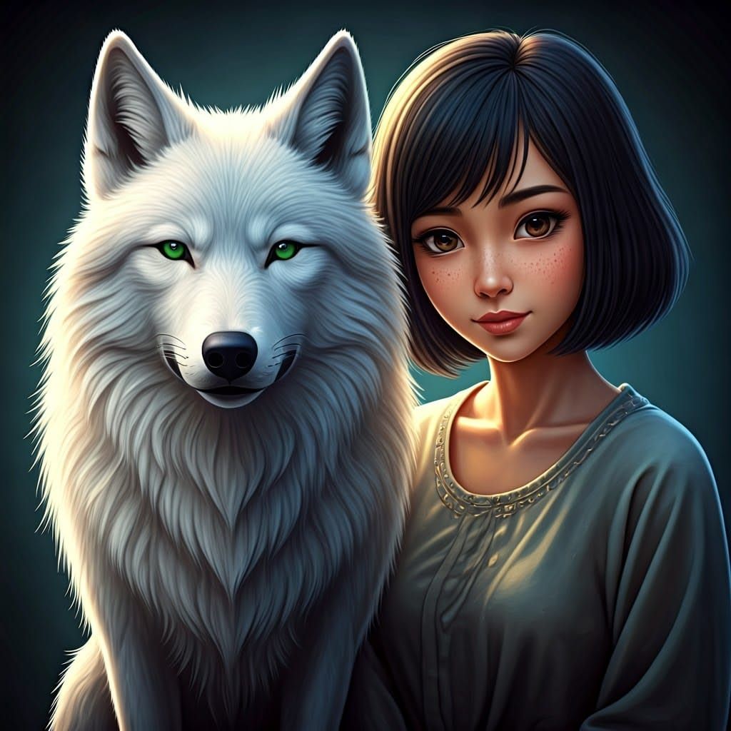 Wolf and Woman in Dreamlike Illustration