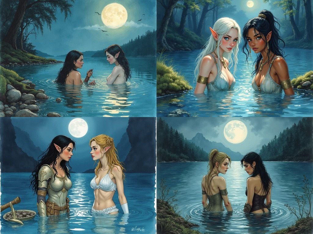 Moonlit Lake Bath: Elven and Human Adventurers in Watercolor