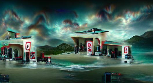 Surreal Gas Station Floating in the Ocean