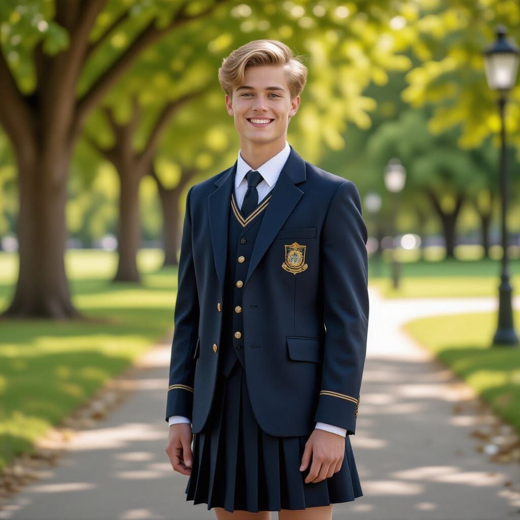 Young Man Crossdressing as Schoolgirl in Park