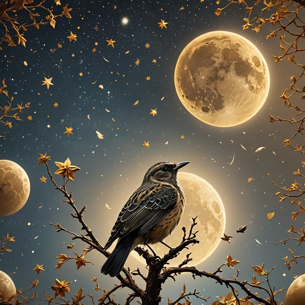 Songbird Gazing at Golden Moon, Digital Matte Painting