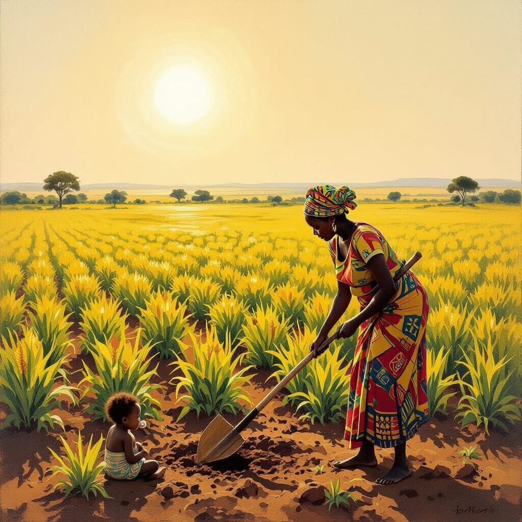 African Woman Works Field While Baby Feeds, Realist Oil Pain...