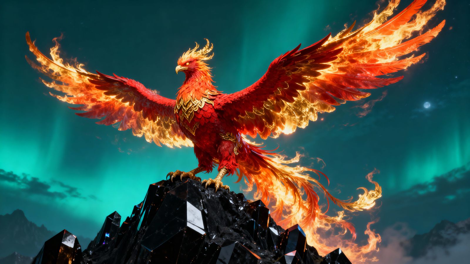 Majestic Phoenix in Golden Flames Over Obsidian Mountains