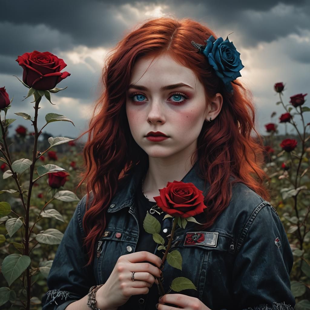 Punk Rock Girl with Rose in Moody Lighting