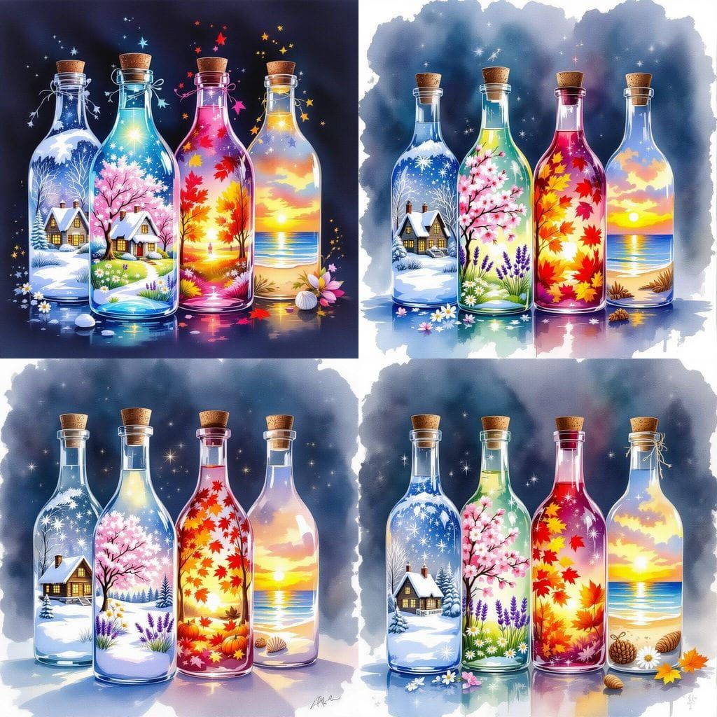 Four Seasons Magic in Transparent Bottles Watercolor