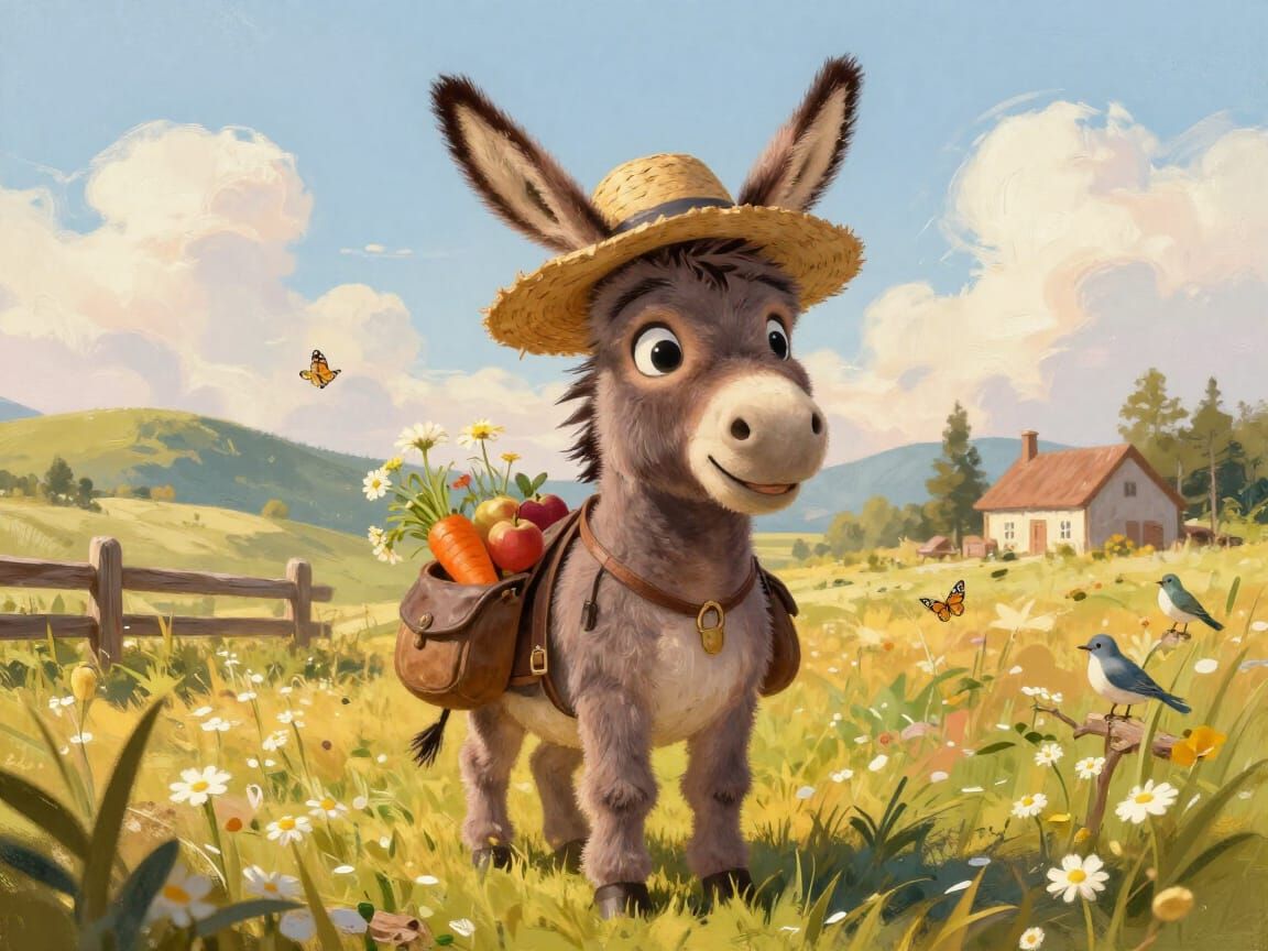 Whimsical Donkey in Sun-Drenched Meadow, Storybook Charm