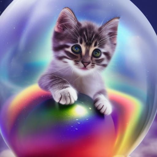 Cute Kitten in Rainbow Sphere in Magic Forest