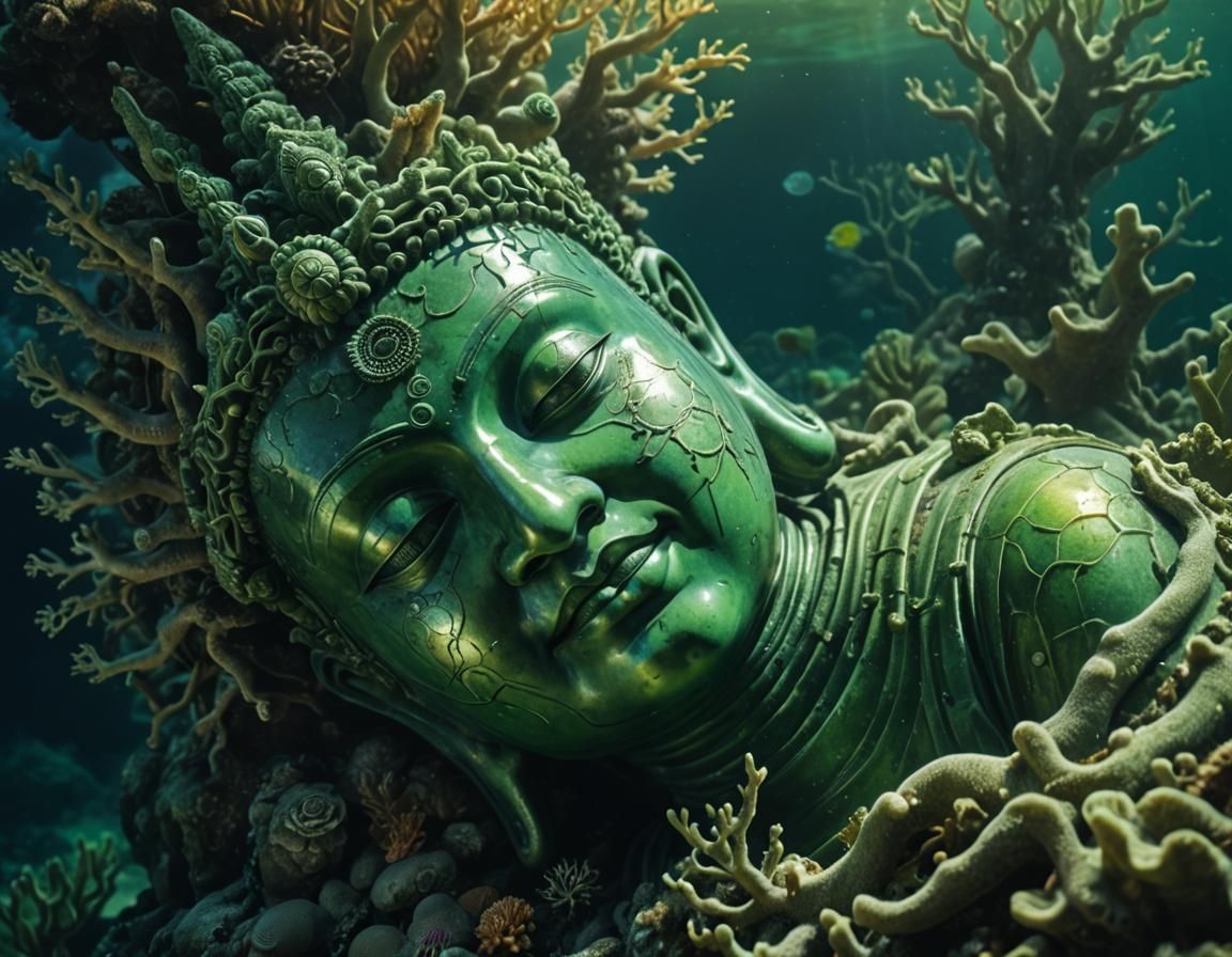 Underwater Buddha Statue in Surrealist Style