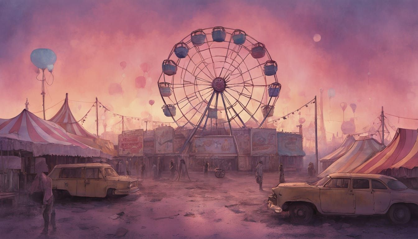 Cyberpunk Carnival at Dusk in Vibrant Watercolor
