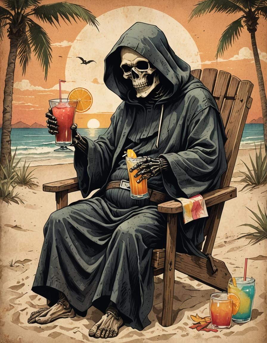 Grim Reaper's Humorous Beach Vacation in Comic Style