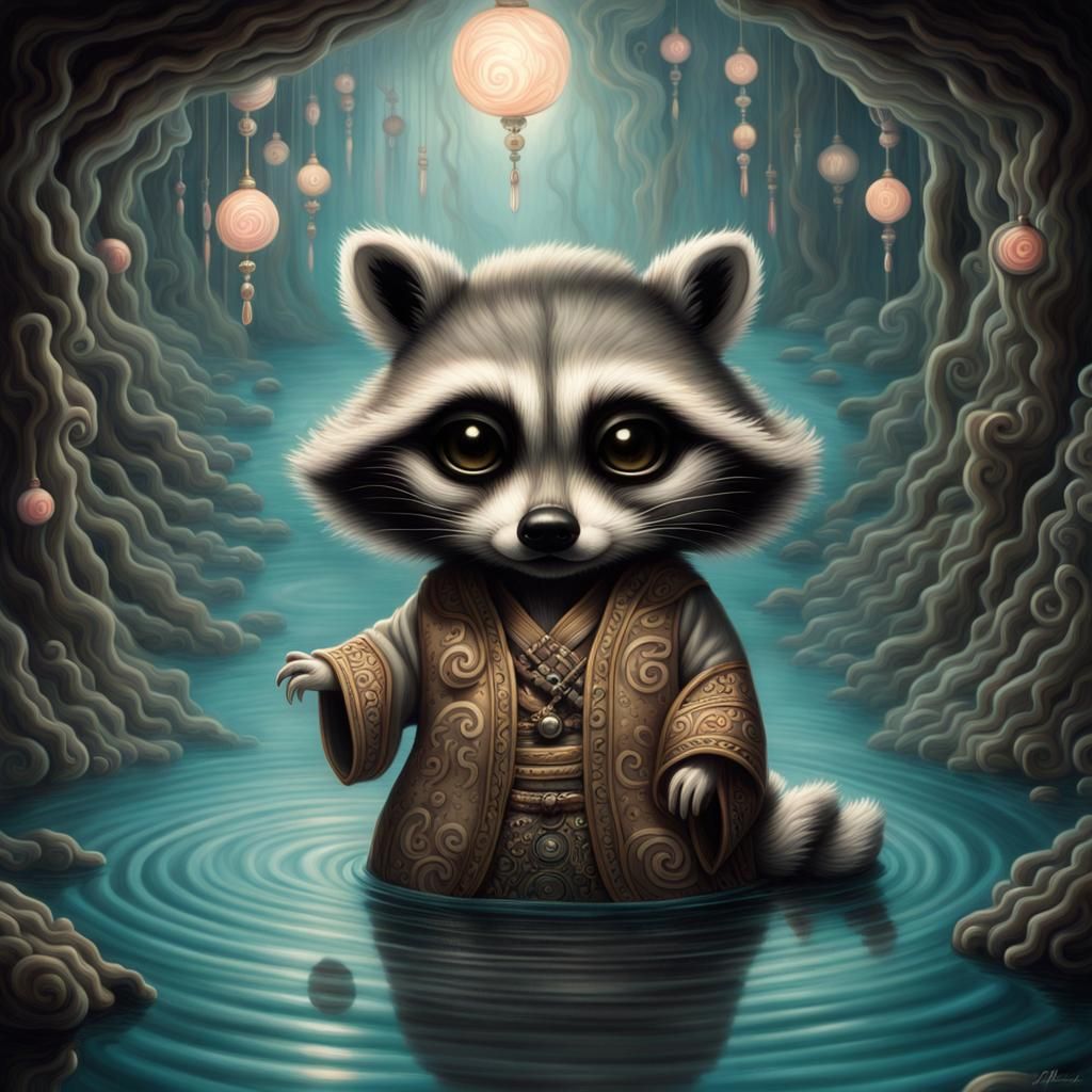 in dark cavern, mark ryden style gaunt fantasy raccoon ghost floating off  ground in torn japanese fashion, defined huge...