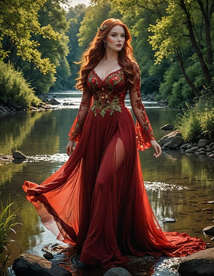 Enchanting Auburn-Haired Woman Painting by the River