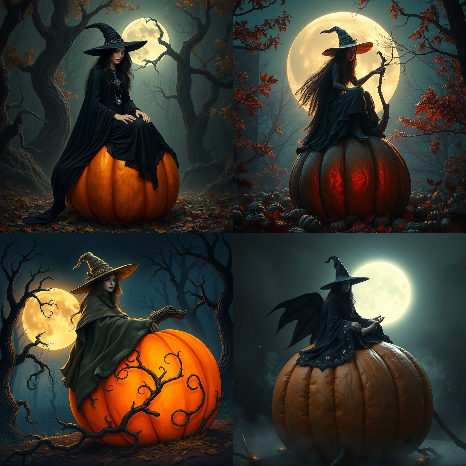 Witch on Pumpkin Under Full Moon