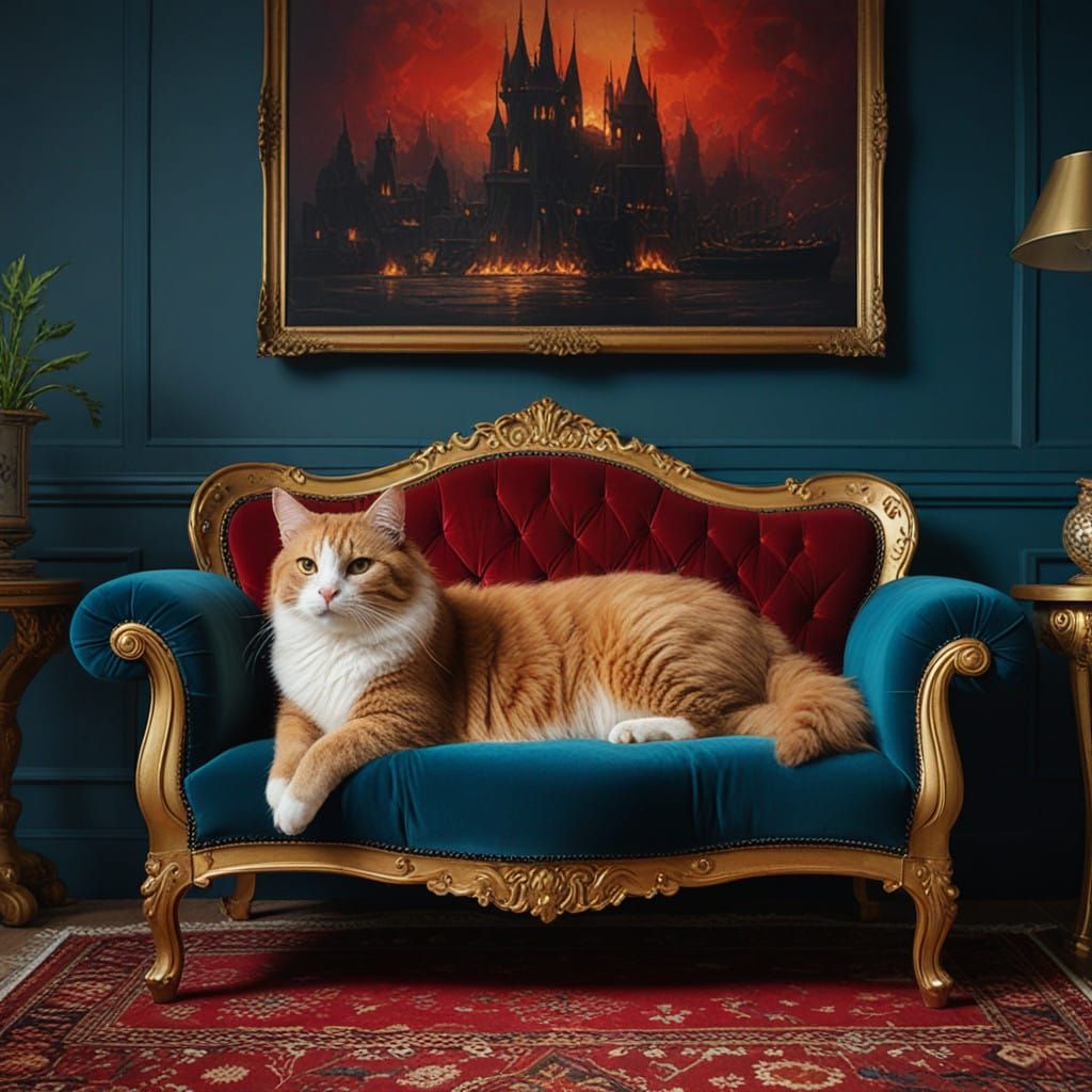 Regal Black and White Cat on Velvet Couch