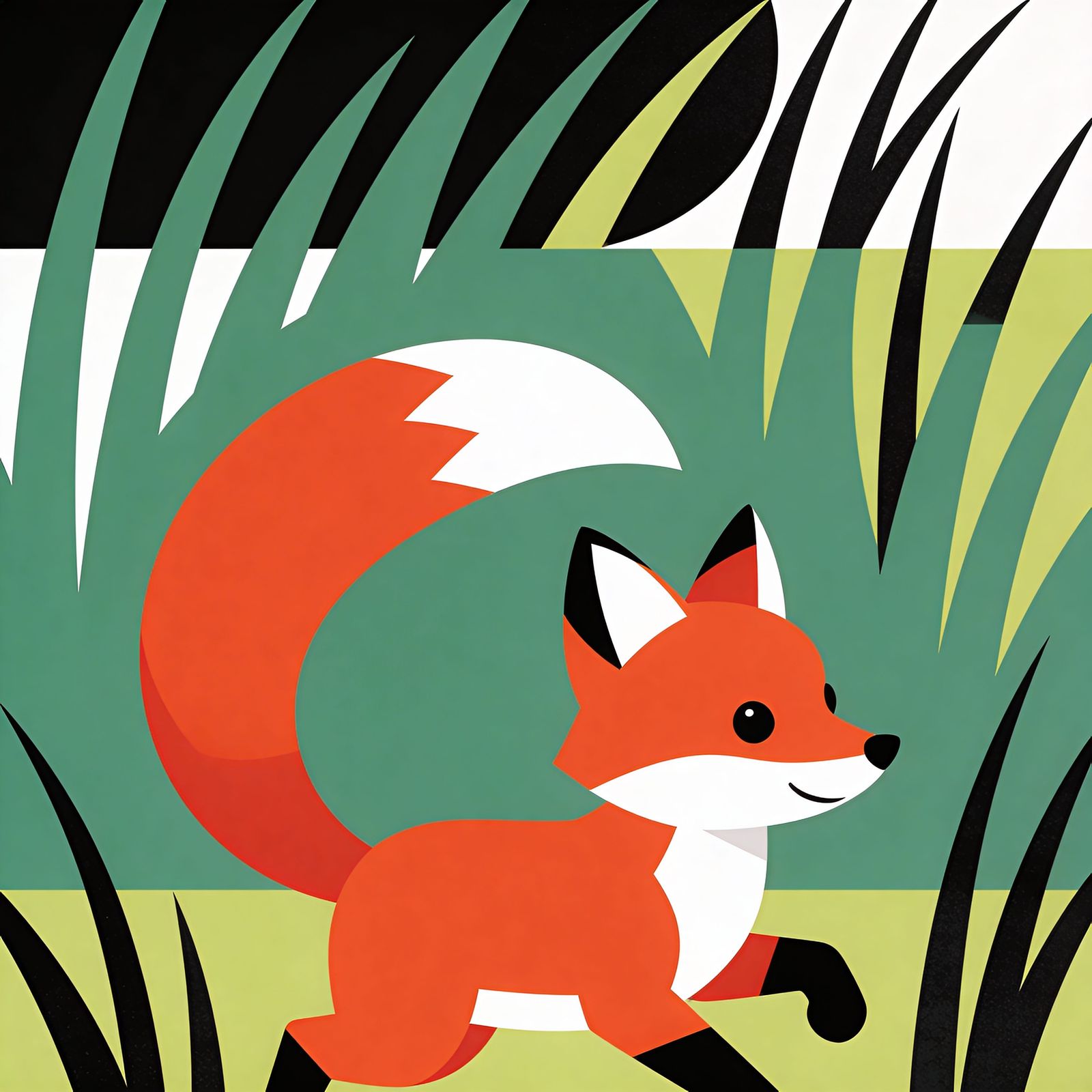 Playful Baby Fox Chasing Tail in Stylized Meadow Illustratio...