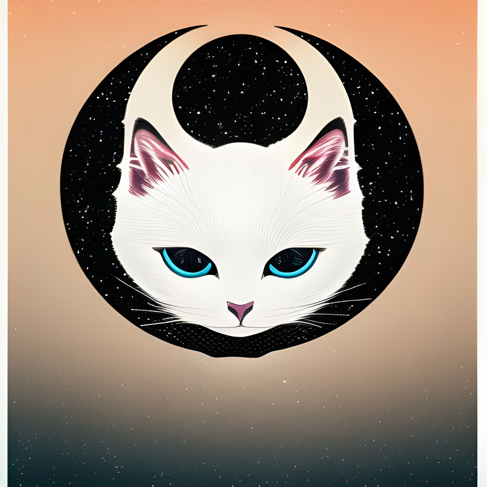 White Cat with Crescent Moon Tattoo: Cosmic Illustration