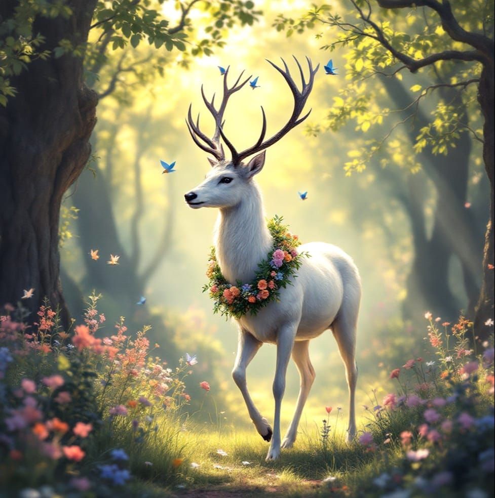 Gentle White Stag in Ethereal Forest Glade