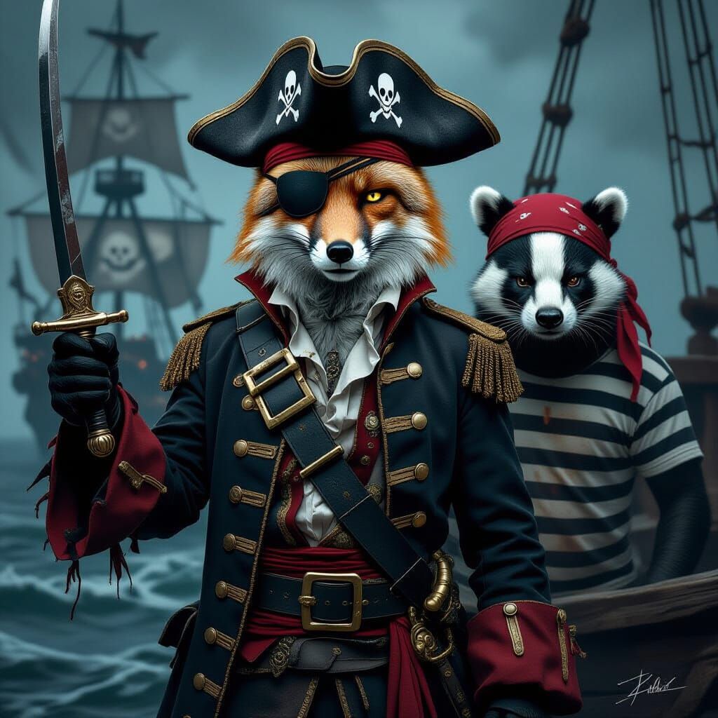 Fox Pirate Admiral with Badger in Gothic Horror Style