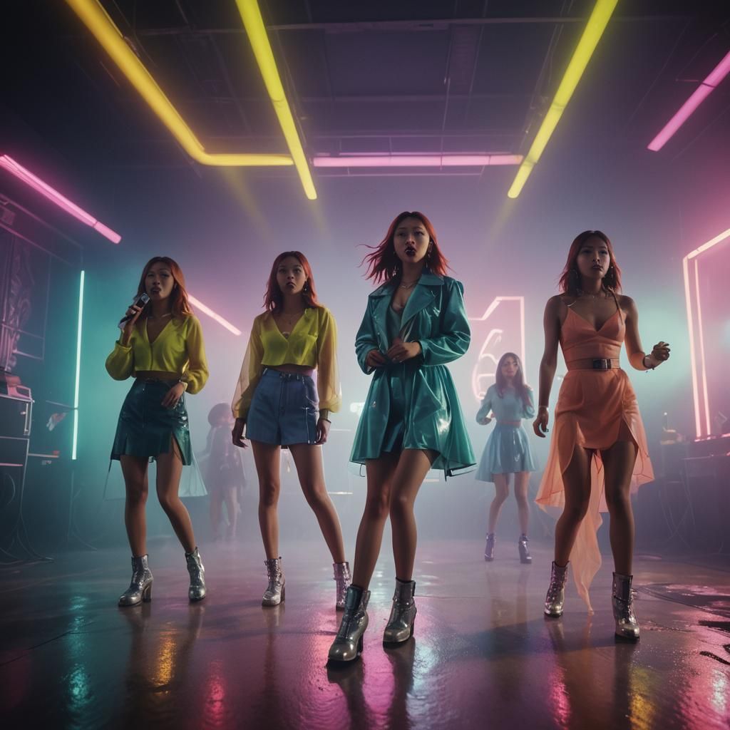 K-Pop Group on Neon Stage: Cinematic Film Still