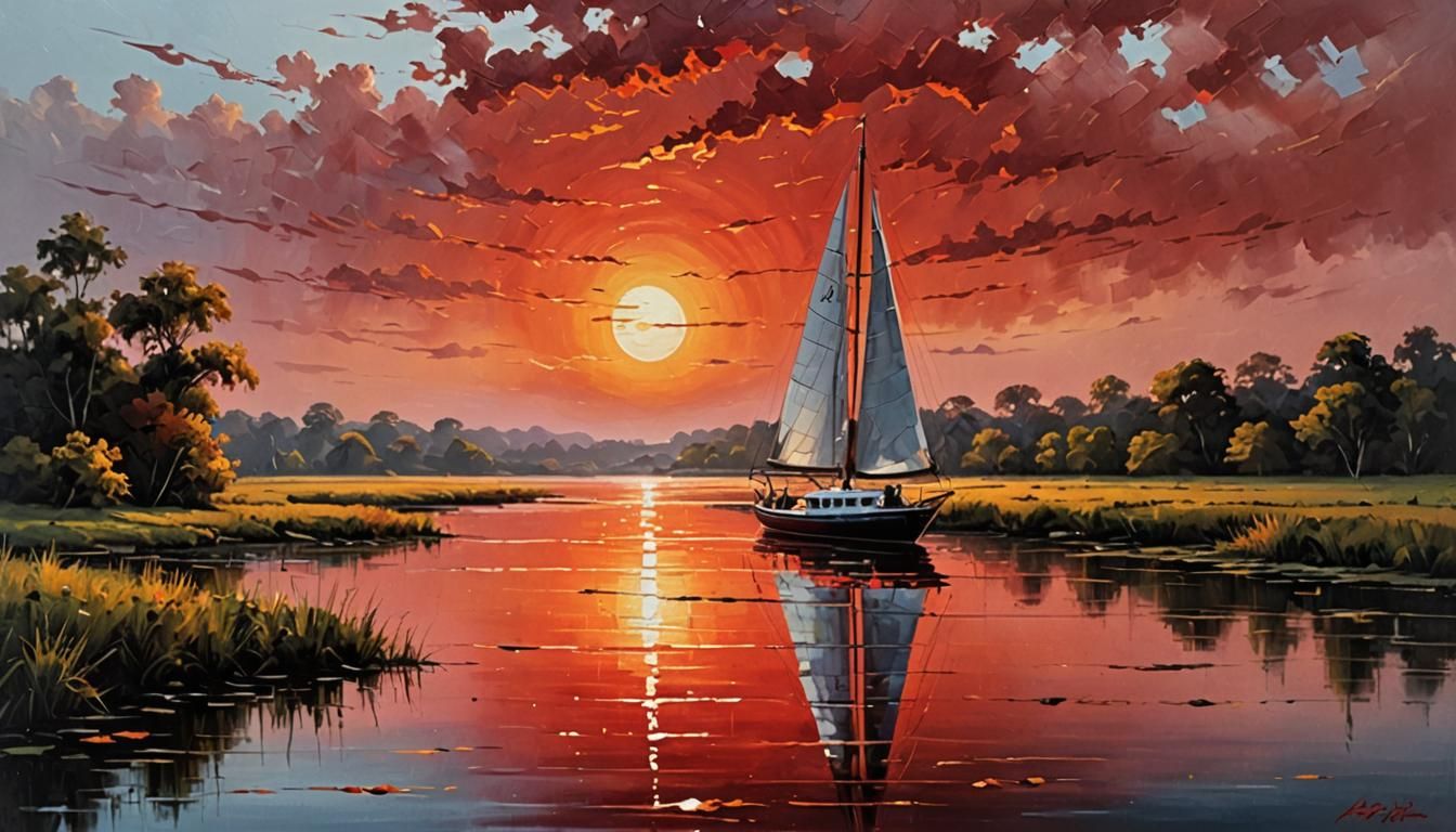 Sailboat on River at Sunrise in Detailed Oil Painting