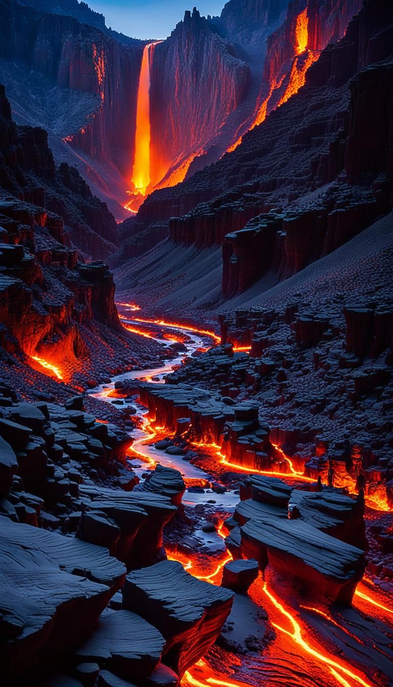 Lava River Flowing Through Otherworldly Canyon