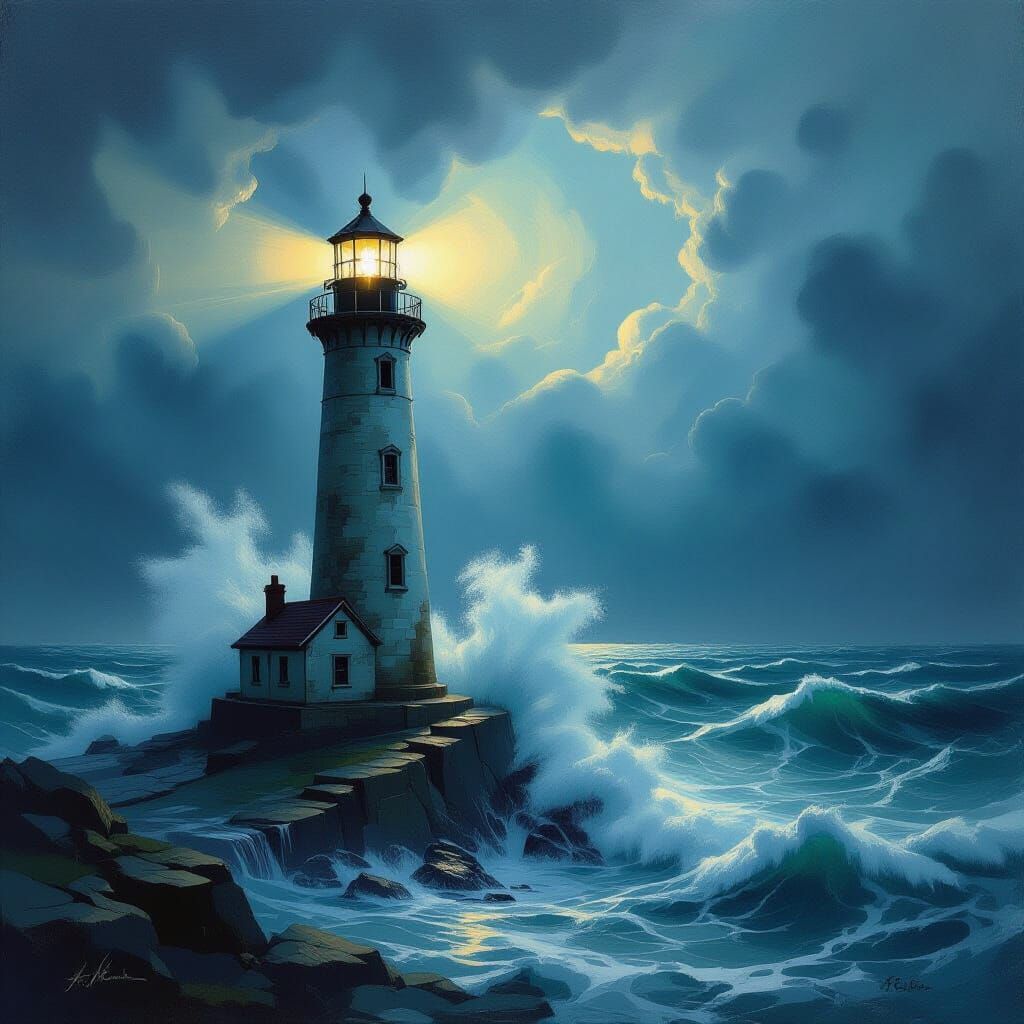 Lighthouse Beacon of Reason in Chaotic Sea Oil Painting