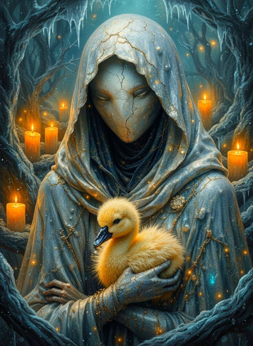 Alien Druidess Holds Gosling in Candlelit Serenity