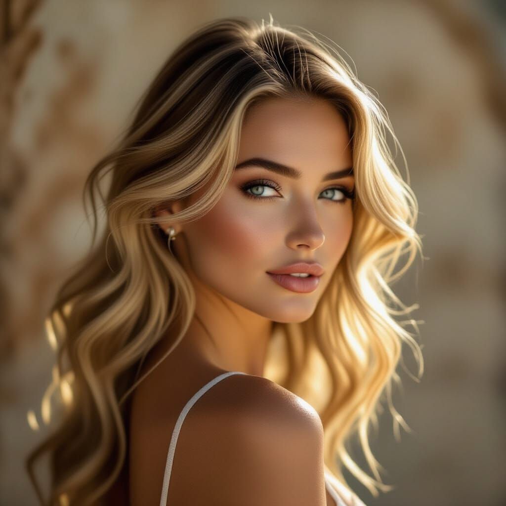 A photograph depicting an elegant, slender blonde woman with...