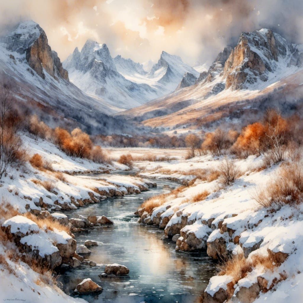 Winter River Valley Scenic Panorama