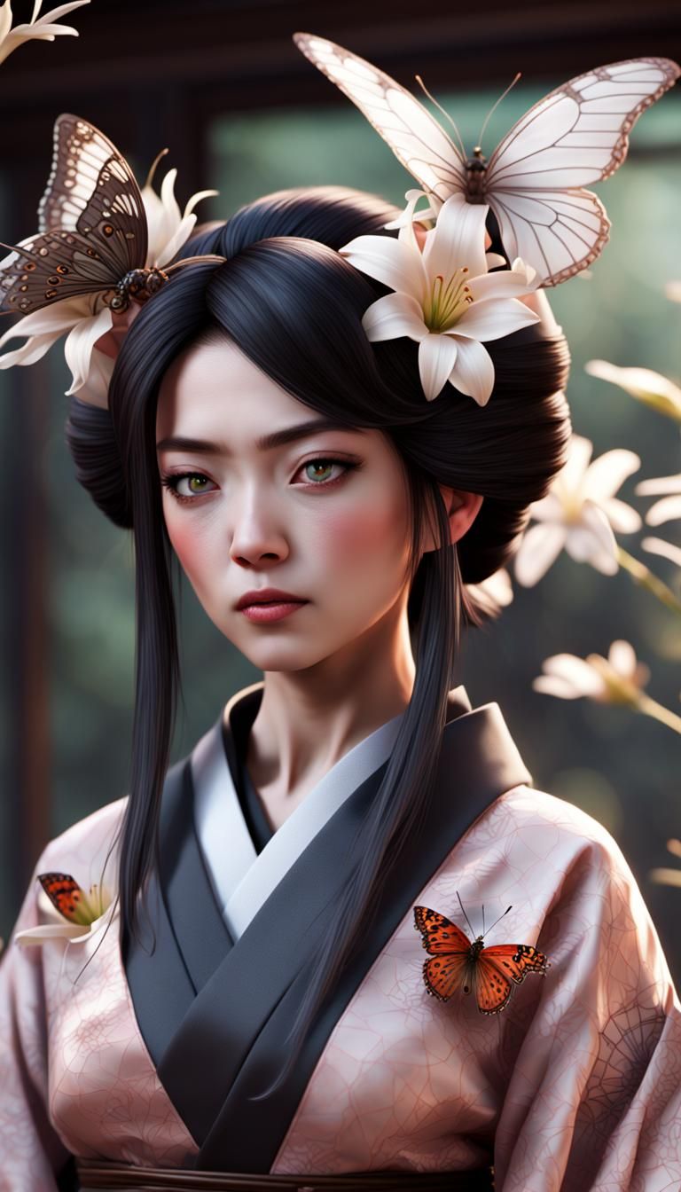 Geisha with Lily and Butterfly in Anime Fantasy Style