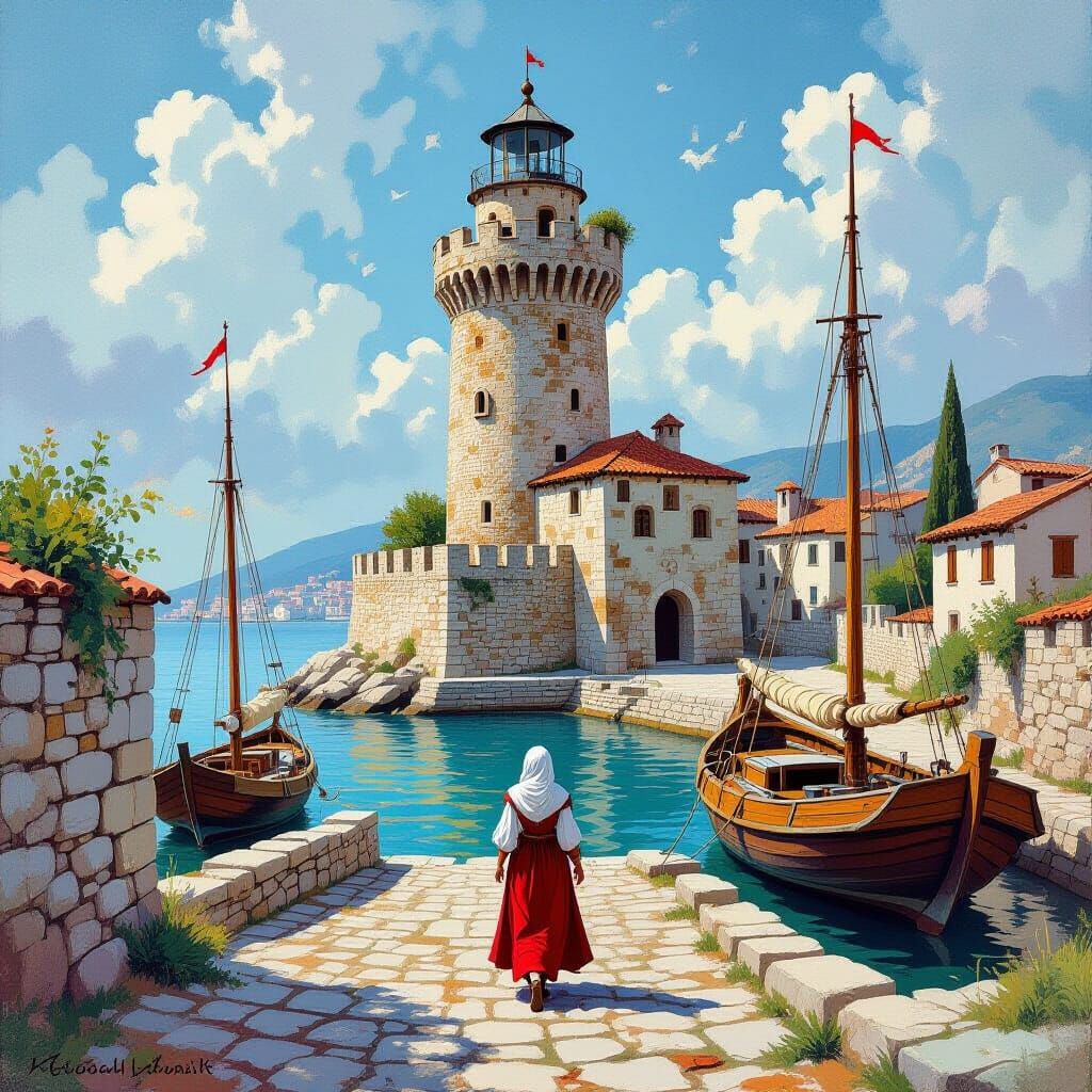 Byzantine Lighthouse in Gouache Style