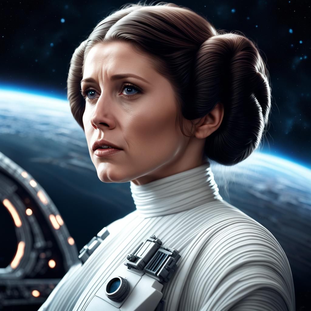 detailed Princess Leia in space, pretty face, Star Wars, Epic cinematic brilliant stunning intricate meticulously detail...