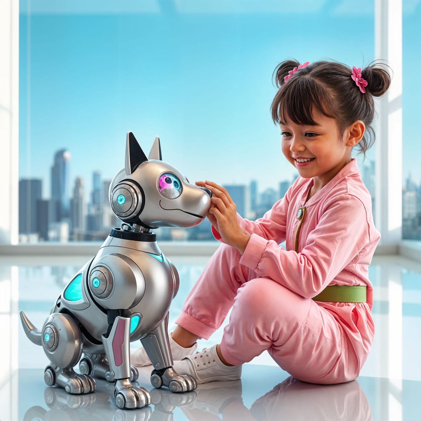 Girl and Robot Dog in Futuristic Digital Art