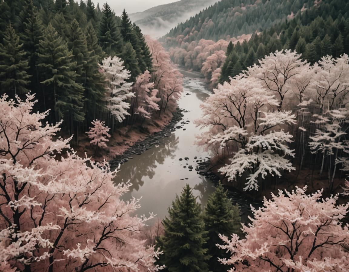 Monochromatic Forest River Scene in Pink and White
