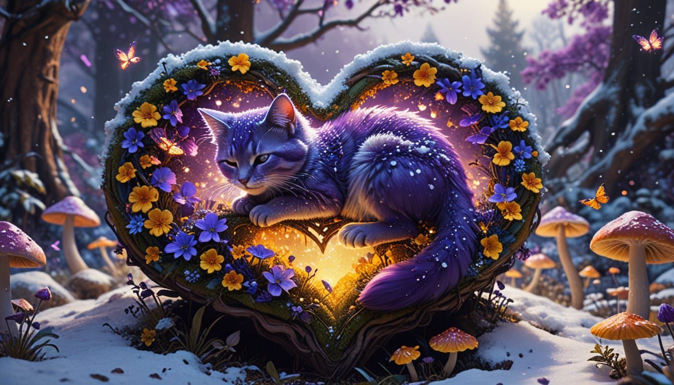 Surreal Fantasy Scene of Purple Kitten in Heart-Shaped Tree