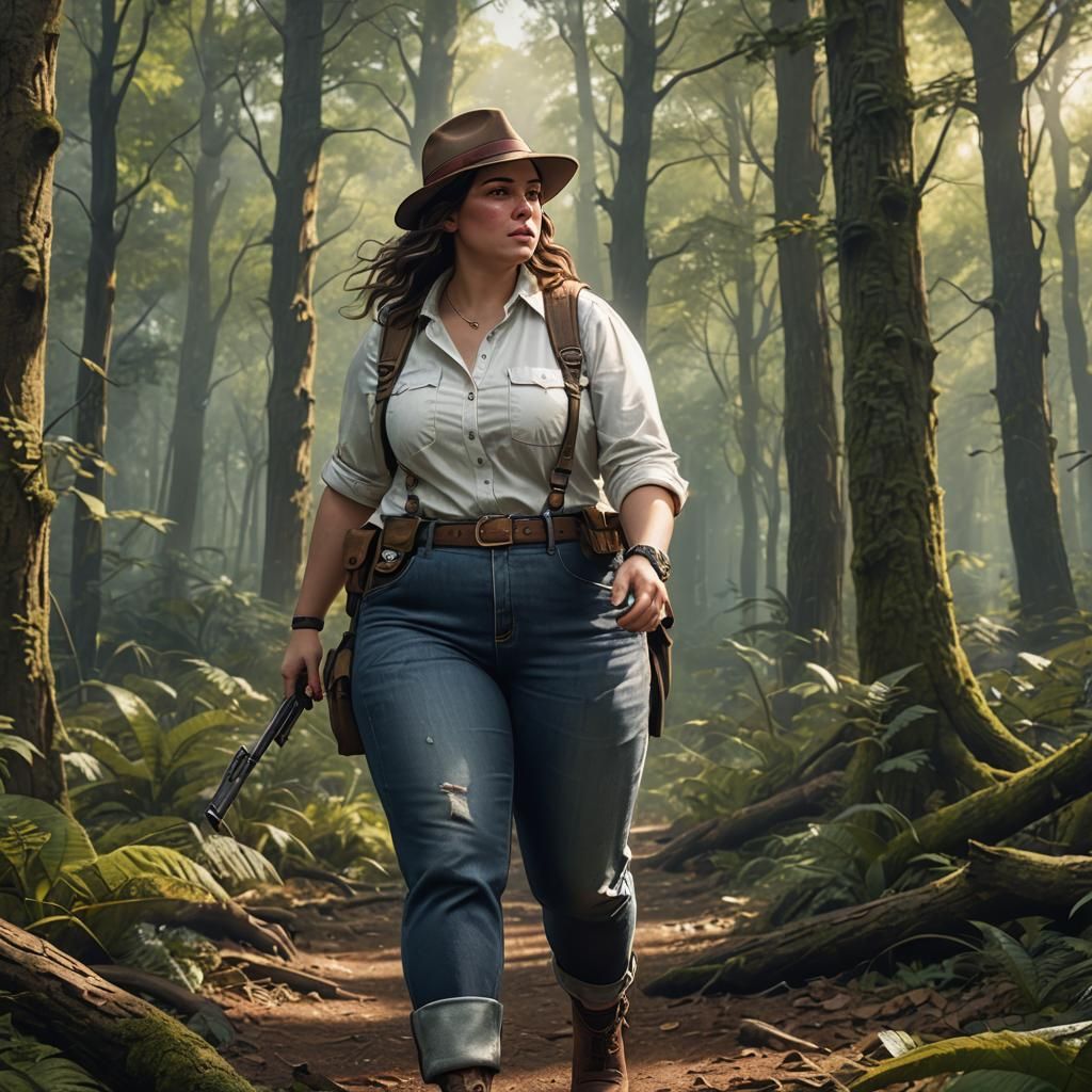 Brunette Explorer in Woods: Detailed Matte Painting