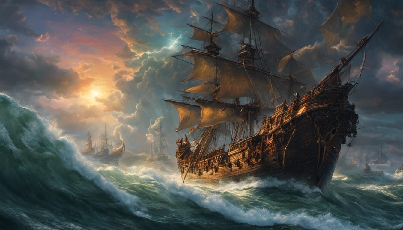 Pirate Ship in Stormy Seas: Hyperrealistic Digital Art