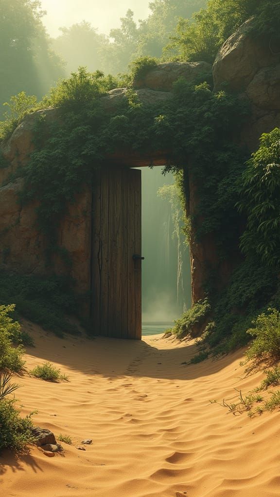 Desert Door Opens to Mysterious Oasis in Hyperrealistic Styl...