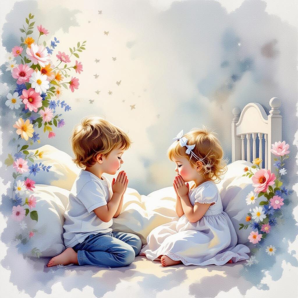 Ethereal Watercolor Prayer Scene of Siblings with Flowers