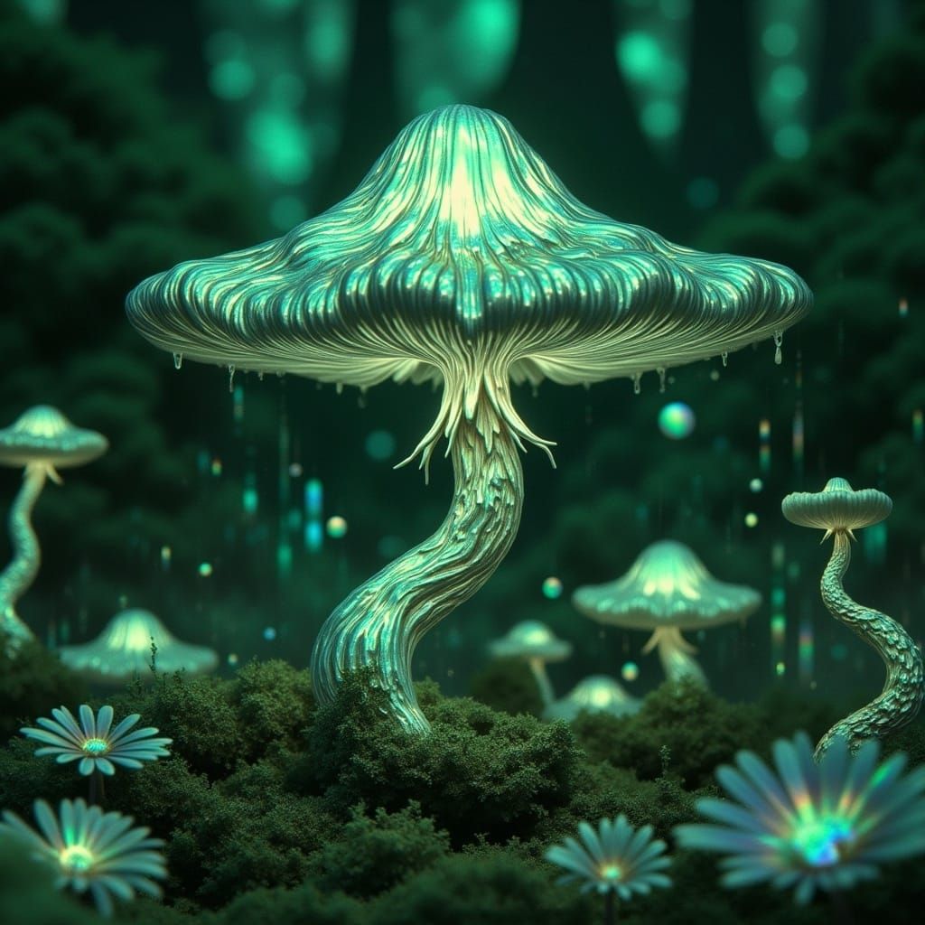 Enchanted Fairy Mushroom House in Bioluminescent Forest