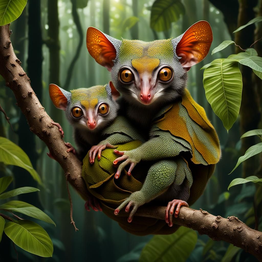 Colugo and Baby Gliding Through Enchanted Jungle