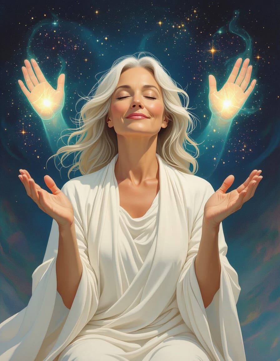 Celestial Healing: Woman Bathed in Ethereal Energy