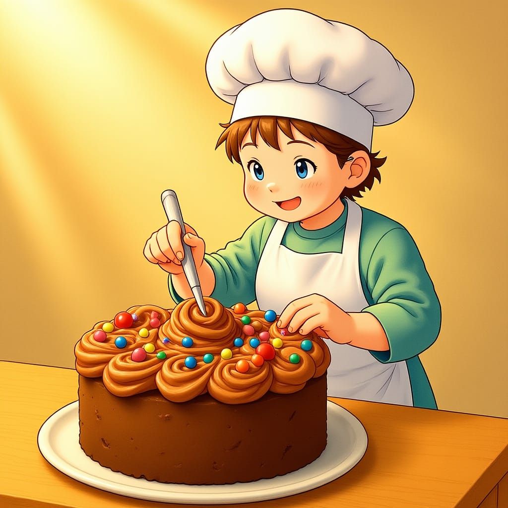Miniature Chef Garnishing Gigantic Chocolate Cake