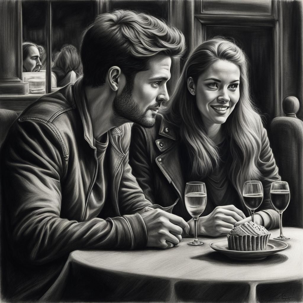 Hyperdetailed Charcoal Drawing of Couple on Date